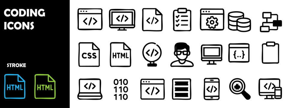 Coding and Programming Icons &ndash; Developer Tools and Web Coding Symbols Vector Set