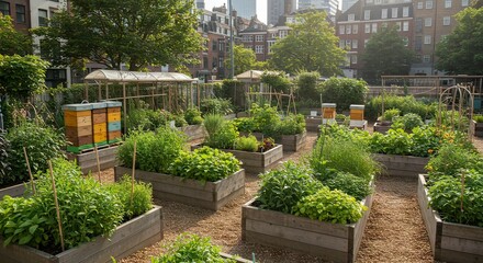 Obraz premium Urban community garden with beehives