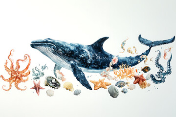Watercolor illustration of a whale swimming with sea creatures and seashells