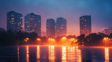 Fototapeta premium City skyline at dusk, rain, urban park, reflection
