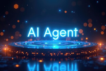 AI Agent Text on Glowing Platform with Digital Particles