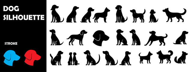 Dog Silhouettes in Various Poses – Pet and Animal Behavior Vector Icon Set