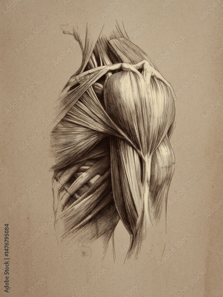 Poster detailed anatomical muscle drawing showcasing intricate muscle structure on a soft neutral backgroun