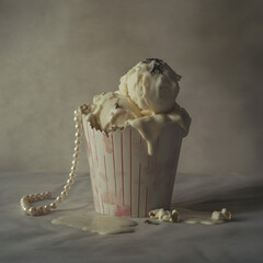 Melting Ice Cream in Crumpled Popcorn Box with Pearl Necklace and Ash – Conceptual Still Life