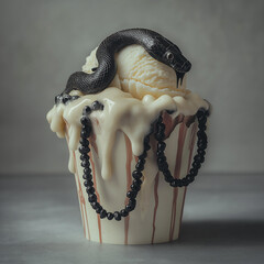 Melting Ice Cream in Crumpled Popcorn Box with Pearl Necklace and Ash – Conceptual Still Life