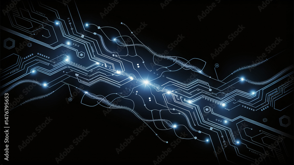 Poster abstract digital circuitry design with glowing blue elements on a dark background