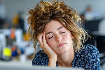 Fototapeta premium Tired woman with curly hair resting her head on her hand in office setting, conveying sense of burnout and exhaustion