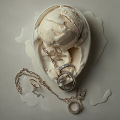 Melting Ice Cream in Crumpled Popcorn Box with Pearl Necklace and Ash – Conceptual Still Life
