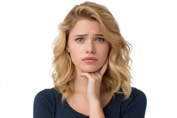 Naklejka premium Thoughtful Blonde Woman: Pensive Portrait in Soft Lighting