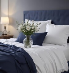 Elegant navy bedding, king-size bed, simple flowers in a glass vase beside it , elegant, table, glass