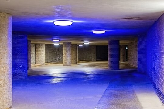 Underground parking garage lit with blue light