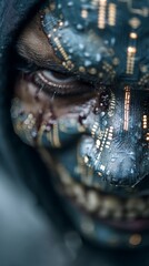 Traditional Japanese mask in cyberpunk hacker style with glowing neon circuits