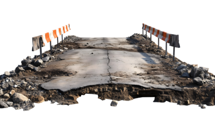 broken asphalt road with barricades and debris isolated png transparent cutout