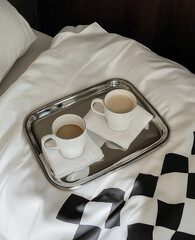 Two coffee cups on vintage silver tray on white bed with checkered blanket — cozy morning scene