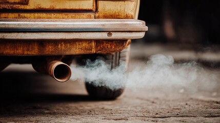 Obraz premium White smoke puffing from old car exhaust pipe, rusty vehicle emitting pollutants.