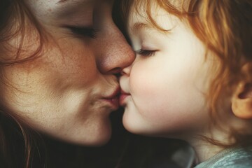 Fototapeta premium Close-up of a Mother and Child Sharing a Tender Kiss in a Warm, Intimate Moment of Connection