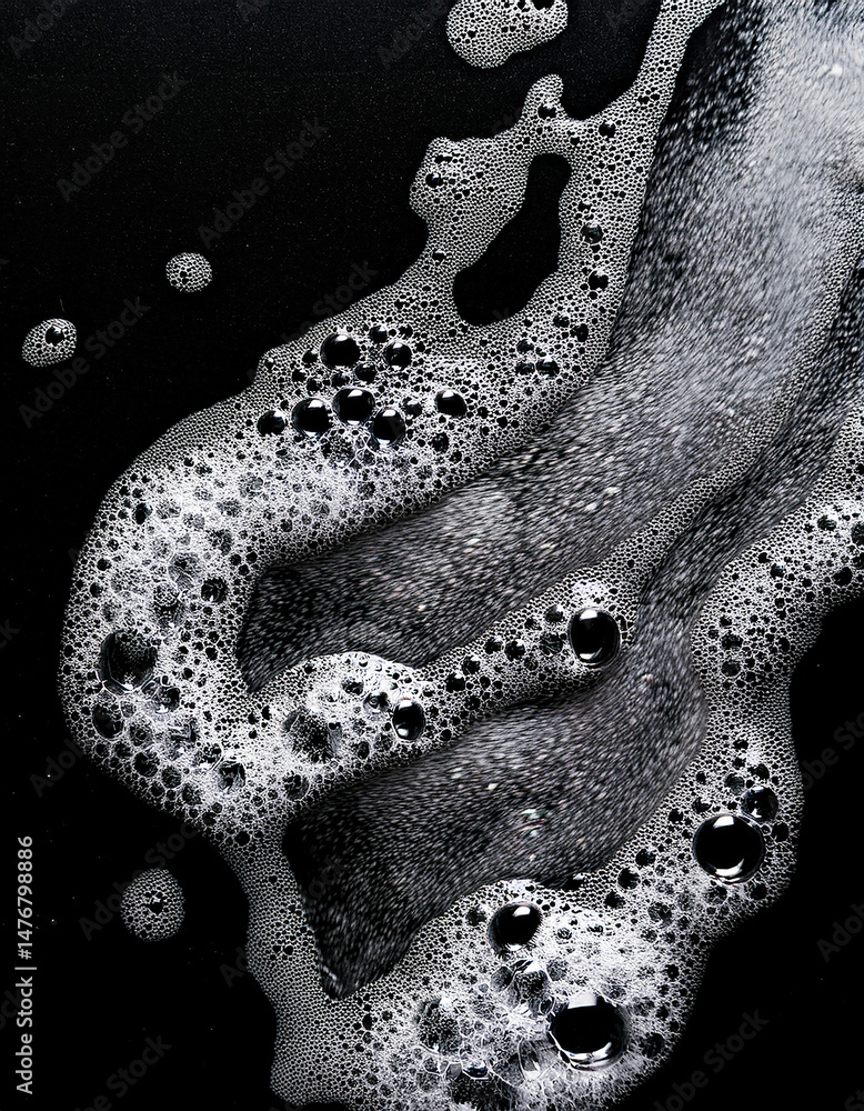 Poster macro shot of white soap bubbles on a black background, creating an abstract and textured pattern.