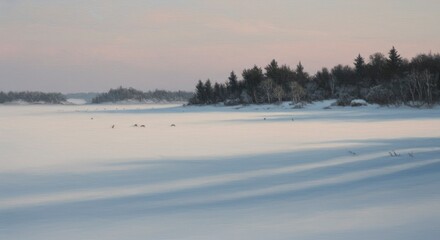 Winter landscape with frozen lake and shore
