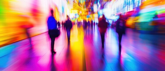 Fototapeta premium Abstract Crowd Motion Blur in Cityscape, People Walking on Street, Colorful Urban Life, Long Exposure