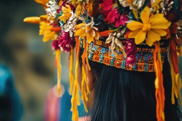 Fototapeta premium Cultural Headpiece with Flowers and Intricate Beadwork on Dark Hair