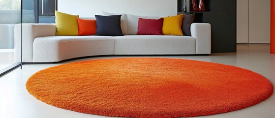 Interior Design with Orange Round Rug and Modern Sofa in Living Room Still Life Low Angle