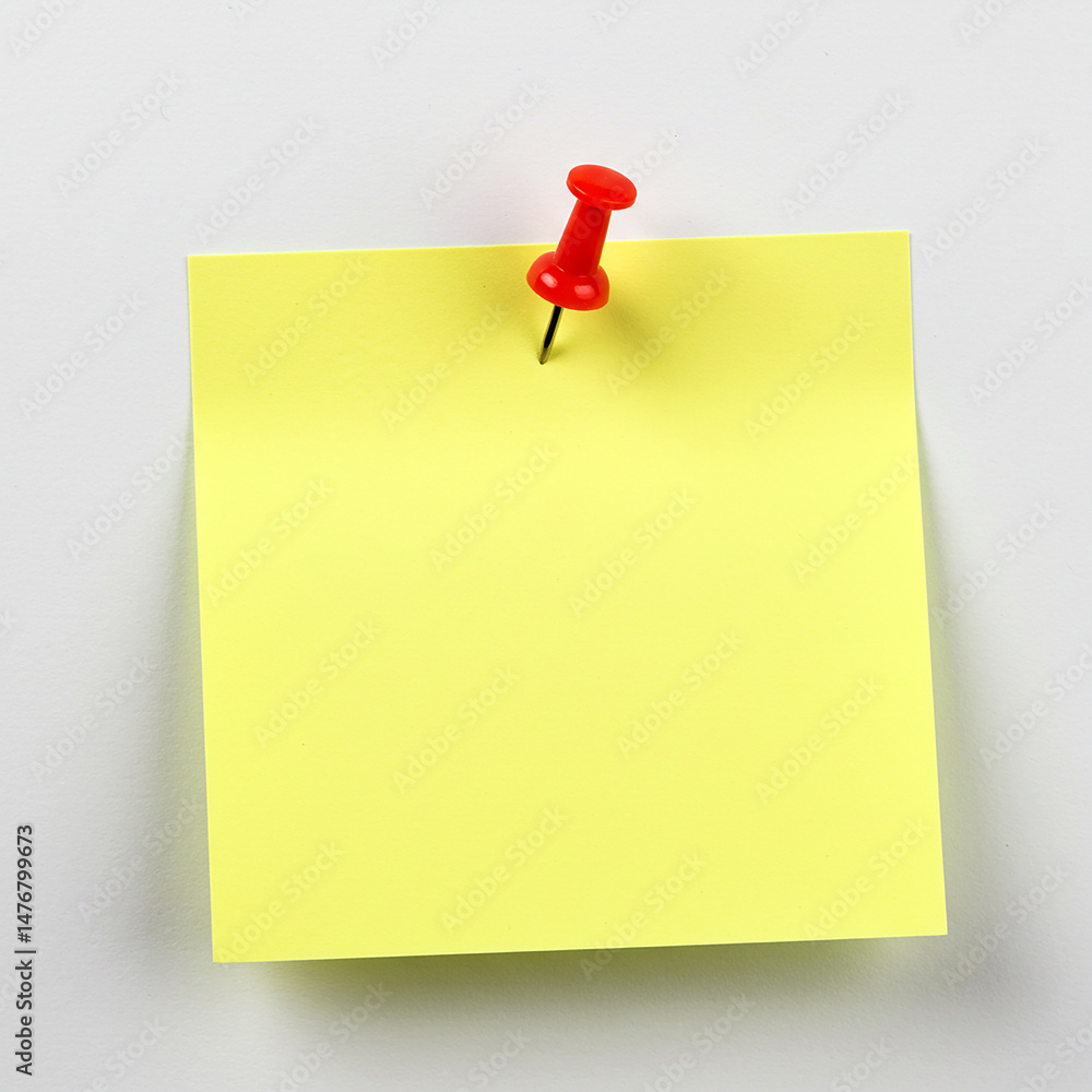 Poster yellow sticky note with red push pin on white background. reminder concept with copy space for text 
