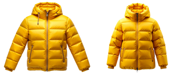 Bright Yellow Hooded Puffer Jacket, Isolated on Transparent Background PNG