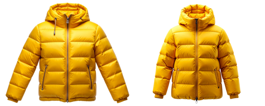 Bright Yellow Hooded Puffer Jacket, Isolated on Transparent Background PNG