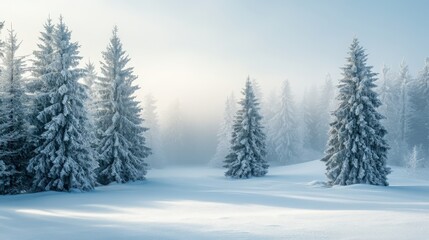 Obraz premium Snowy, frosty forest scene bathed in morning light.