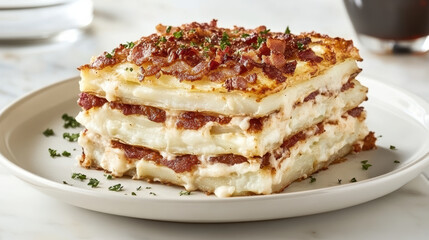 Cheesy baked potato casserole with layers of creamy goodness and crispy bacon, perfect