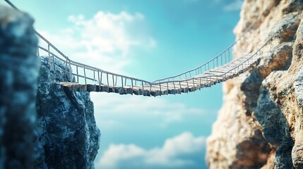 Suspension bridge crossing rocky gorge against blue sky