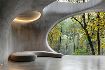 Futuristic empty room with sleek minimalist design featuring smooth concrete walls and unique organic shape. Large windows offer view of vibrant autumn trees, creating serene atmosphere