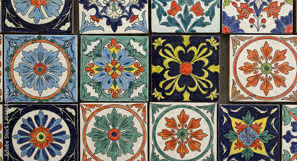 Poster collection of square tiles featuring colorful floral and geometric patterns. decorative tile designs