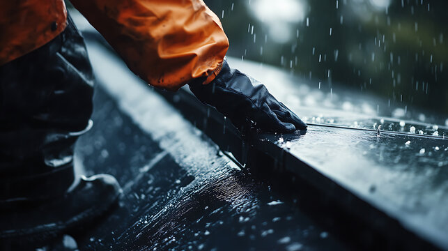 Person in Rain Gear Working on Wet Surface
