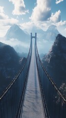 Obraz premium Suspension bridge spanning mountains under cloudy sky