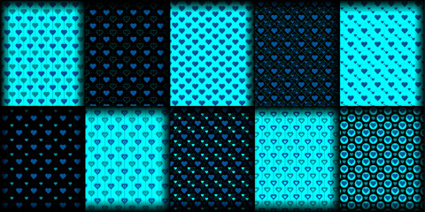 Pattern set with different shape | Modern seamless pattern featuring love hearts, geometric shapes, and fine lines, perfect for wallpapers, invitations, fabric, and digital background with cyan colour