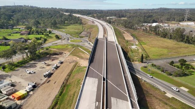 Aerial drone view of the new M12 Motorway at Mamre Road intersection at Kemps Creek, Western Sydney, NSW Australia on a sunny morning in May 2025