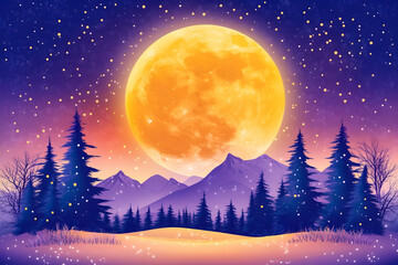 Naklejka premium Enchanted Winter Night: Giant Moon Over Snowy Mountains