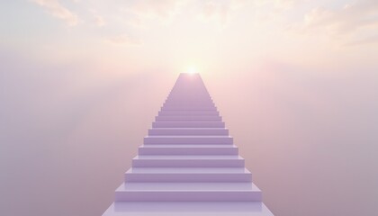 Fototapeta premium Surreal staircase ascending into a pastel-hued sky with radiant light at the top, evoking tranquility