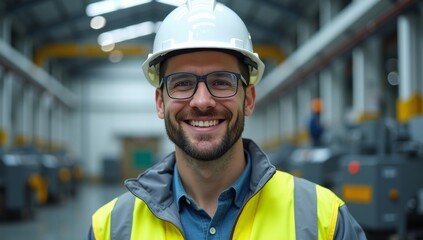 Portrait of Smiling Professional Heavy Industry Engineer / Worker Wearing Safety Uniform, Goggles and Hard Hat. In the Background Unfocused Large Industrial Factory where Welding Sparks Flying