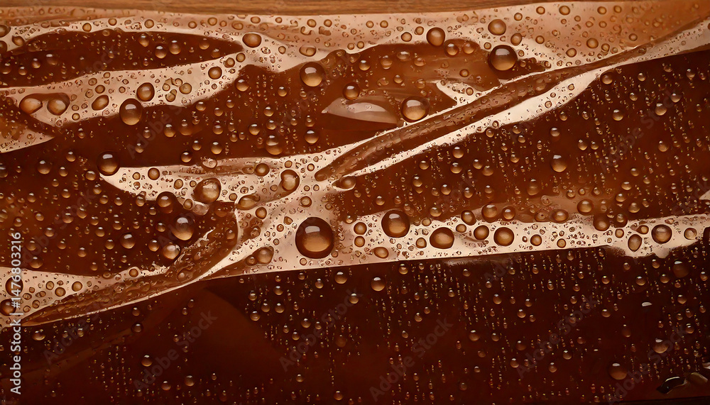 Poster close up of water droplets on a brown surface, creating a textured, wet abstract background with lig