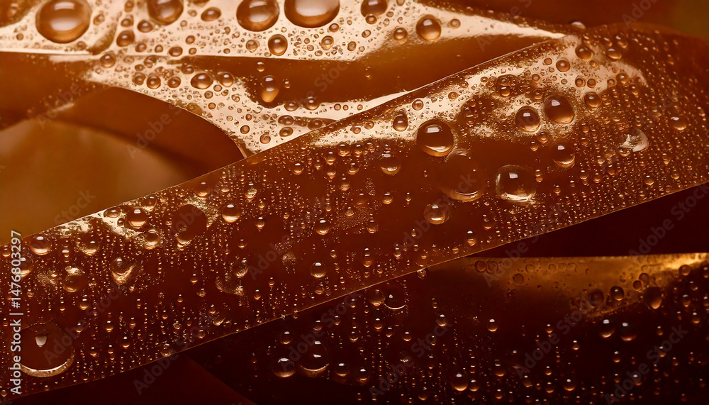Poster close up of water droplets on amber colored translucent geometric shapes, creating a textured abstra