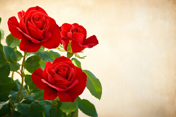 Fototapeta premium Elegant Crimson Roses on a Warm Beige Background
