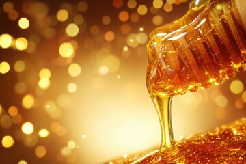 Honey dripping from a dipper. Golden bokeh background