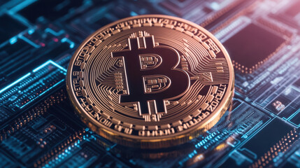 Shiny Bitcoin coin placed on digital circuit board, symbolizing modern finance and technology
