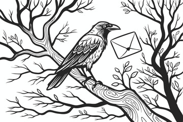 133 black and white illustration,detailed lineart, realistic detailed bird carrying envelope, detailed tree branches, nature scene, monochrome, intricate, detailed, digital art