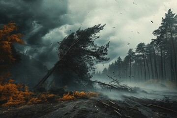 Powerful storm devastates forest with strong winds and dark clouds