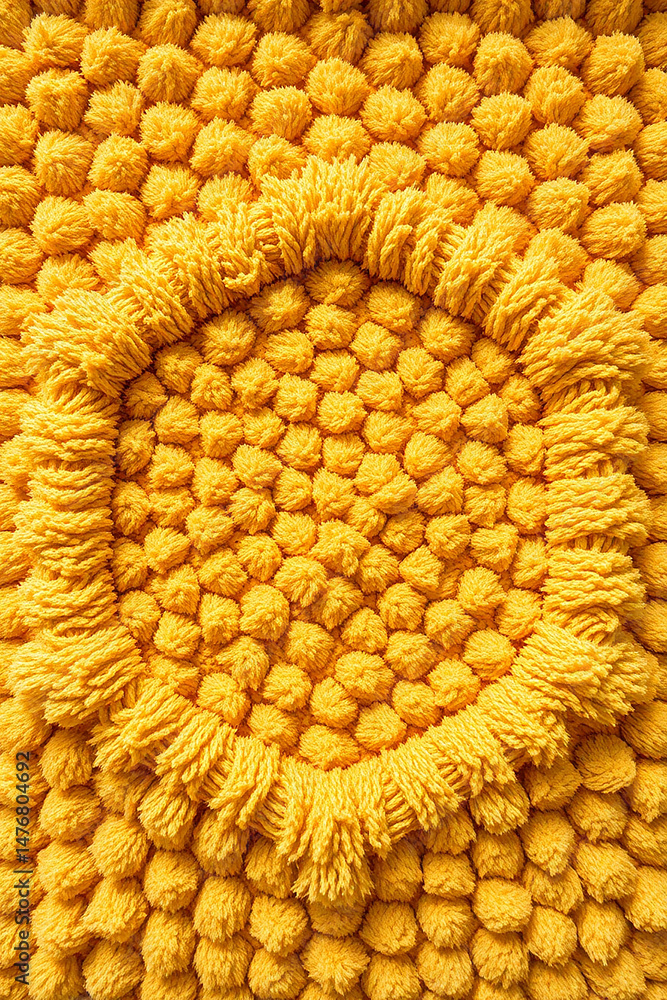 Poster close up of a yellow, textured bath mat with a circular pattern and soft, fluffy material, creating 