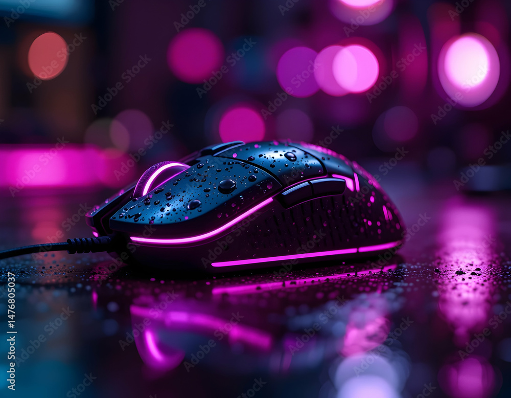 Poster illuminated computer mouse with neon lighting on dark surface