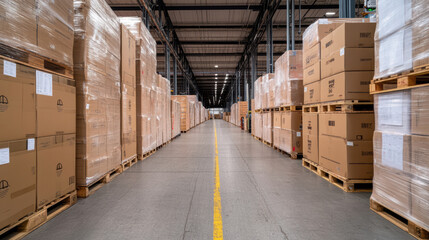 Large logistics warehouse filled with stacked boxes on pallets, showcasing organized storage